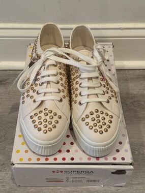 Superga White Canvas Low-Top Sneakers with Gold Stud Accents